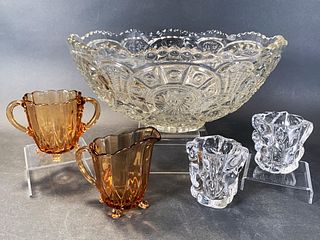 LARGE GLASS BOWL & OTHER GLASS SERVICE ITEMS