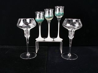 5 GLASS CANDLESTICK HOLDERS