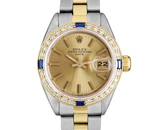 Rolex Womens Two Tone Champagne Index Yellow Gold Diamond And Sapphire Bezel Date Watch
