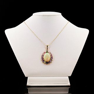 10.81ct Multi-Color Opal, 4.99ctw Multi-Color Sapphire and 0.43ctw Diamond 14K Yellow Gold Pendant
