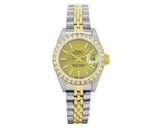 Rolex Womens Two Tone Quickset Sapphire Champagne Index Yellow Gold Pave Diamond Bezel Datejust