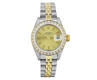 Rolex Womens Two Tone Champagne Index Yellow Gold Diamond Bezel Date Watch