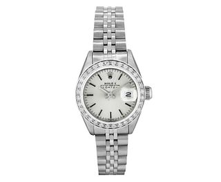 Rolex Womens Stainless Steel Silver Index White Gold Diamond Bezel Date Watch