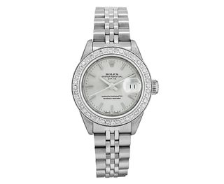 Rolex Womens Stainless Steel Quickset Silver Index Stainless Steel Diamond Bezel Date Watch