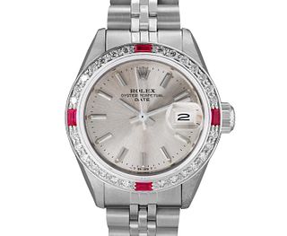 Rolex Womens Stainless Steel Silver Index White Gold Diamond And Ruby Bezel Date Watch