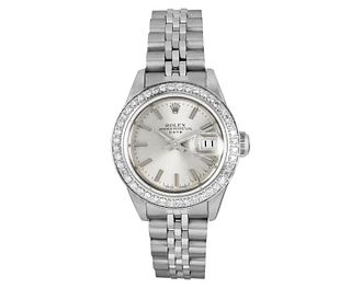 Rolex Womens Stainless Steel Quickset Silver Index Stainless Steel Diamond Bezel Date Watch