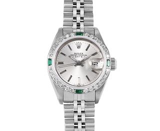 Rolex Womens Stainless Steel Silver Index White Gold Diamond And Emerald Bezel Date Watch