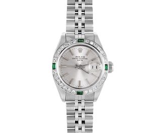 Rolex Womens Stainless Steel Silver Index White Gold Diamond And Emerald Bezel Date Watch