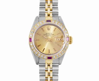 Rolex Womens Two Tone Champagne Index Yellow Gold Diamond And Ruby Bezel Date Watch