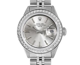 Rolex Womens Stainless Steel Silver Index Stainless Steel Diamond Bezel Date Watch