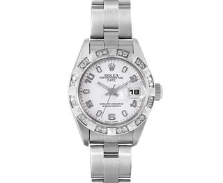 Rolex Womens Stainless Steel Quickset Sapphire White Arabic White Gold Pyramid Diamond Bezel Date Watch