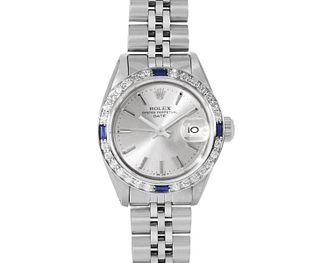 Rolex Womens Stainless Steel Silver Index White Gold Diamond And Sapphire Bezel Date Watch