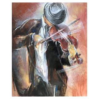 Lena Sotskova, "Street Musician" Hand Signed, Artist Embellished Limited Edition Giclee on Canvas with COA.