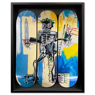 Jean-Michel Basquiat (1960-1988), "Warrior (1982)" Framed Skateboard Triptych, Plate Signed with Letter of Authenticity.