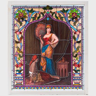 Victorian Enameled and Leaded Glass Window Panel of Two Women 