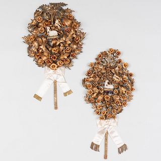 Pair of Metal-Mounted Straw Processional Decorations 
