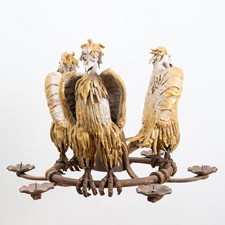 Pair of Unusual Metal-Mounted Painted Earthenware Bird-Form Six-Light Chandeliers