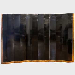 Black Lacquer and Patinated-Metal-Mounted Paneled Three-Part Screen, Attributed to Eugène Printz