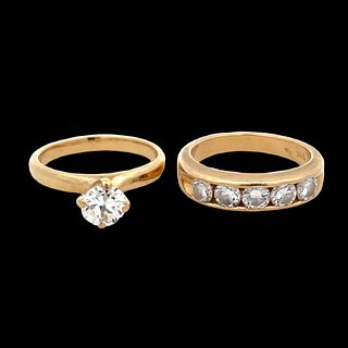 14K Gold European Cut Diamond engagement ring and band