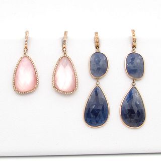 Two pairs of 14K Gold Diamond Sapphire and Rose Quartz Drop Earrings
