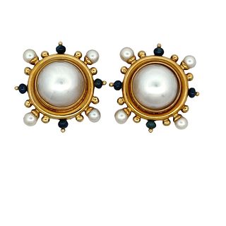 Elizabeth Locke 18K Yellow gold pearl and sapphire earrings.