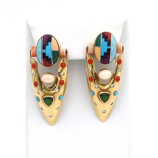 14K Gold Native American Diamond Gemstone Earrings