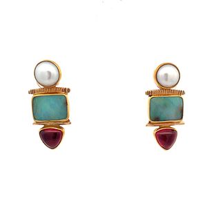 Artist made 14K Boulder Opal Garnet Earrings
