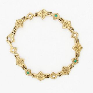 14K Gold Diamond and Green Stone Leaf Link Bracelet