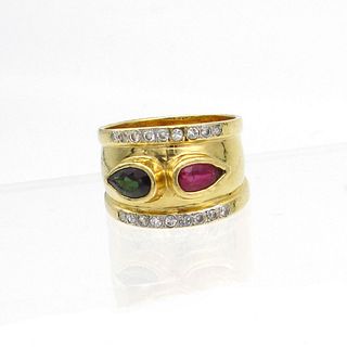 18K Gold Pink Green Tourmaline & Diamond Ring
