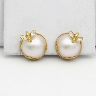 Signed 18K Yellow Gold Bee on Mabe Pearl Earrings
