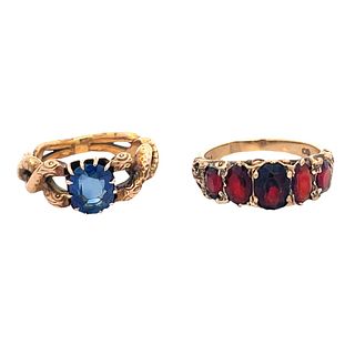 Antique 14K Sapphire Snake Ring, and Garnet Ring
