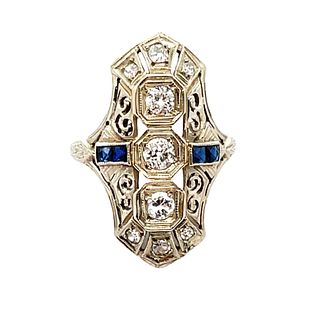 Art Deco 20K white Gold Diamond & Sapphire Ring