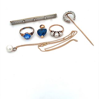 Grouping 10K and 14K Gold Pin, Necklace Rings