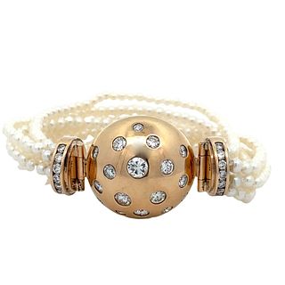 14K Gold 2.00ct Diamond Multi Strand Pearl Bracelet