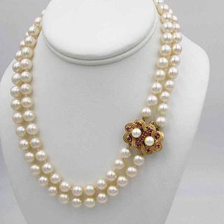 14K Akoya Pearl 8.5mm Double Strand Necklace