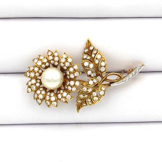 18K 1.50ct Diamond & 9mm Pearl Flower Pin Brooch