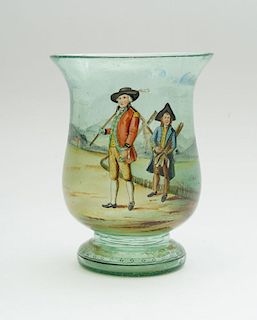 TRANSFER-PRINTED HAND-BLOWN FOOTED BELL-SHAPED VASE