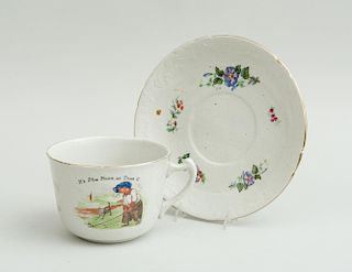 TRANSFER-PRINTED POTTERY CAFE AU LAIT CUP AND SAUCER, I AM NOT GREEDY BUT I LIKE A LOT
