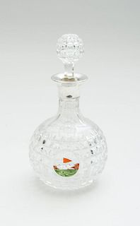ENGLISH SILVER-MOUNTED AND ENAMEL-DECORATED CUT-GLASS DECANTER AND STOPPER