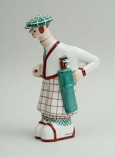 FRENCH GLAZED POTTERY FIGURAL DECANTER WITH STOPPER