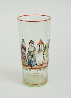 TRANSFER-PRINTED GLASS BEAKER, GOLFING 1870 WESTWARD HO