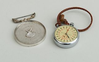 ENGLISH STOP WATCH IN CHROME CASE AND A SILVER-PLATED GOLF MEDAL