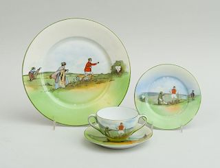 GROUP OF FOUR SCHWARZBURG TRANSFER-PRINTED PORCELAIN TABLE ARTICLES WITH SCENES AFTER MICHAEL BROWN