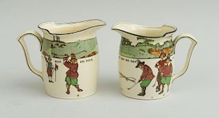 NEAR PAIR OF ROYAL DOULTON GLAZED POTTERY PITCHERS, ILLUSTRATED FROM CHARLES CROMBIE'S RULES OF GOLF