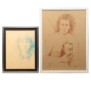 ISAAC AMBRIS, a) Hombre azul b) Retrato masculino, Firmados, Sanguina y color sobre papel, 80 x 67 cm y 43 x 33 cm, Piezas: 2