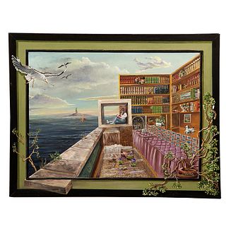 CARLOS PELESTOR, Biblioteca con paisaje, Firmado, Óleo sobre tela, 70 x 90 cm, Con certificado