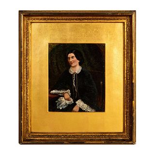 19th Century Oil on Wood Portrait Painting, Woman in Black