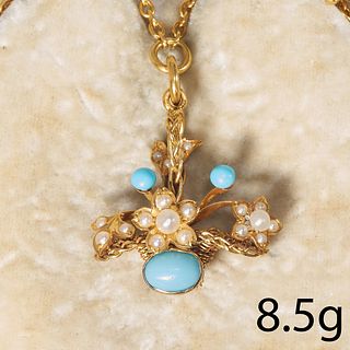 ANTIQUE VICTORIAN PEARL AND TURQUOISE BASKET PENDANT ON PEARL AND TURQUOISE NECKLACE