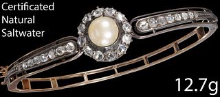 CERTIFICATED, NATURAL SALTWATER PEARL AND DIAMOND BANGLE