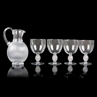 5pc Lalique Crystal Pitcher and Water Goblets, Langeais